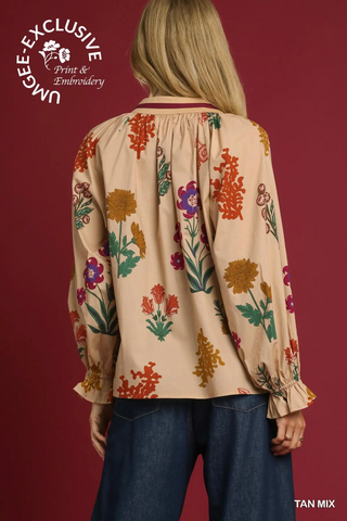 Floral Print V Neck Open Collar Top