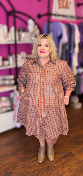 Umgee Plaid Button Down Oversized Shirt Dress