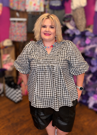 Umgee Gingham Smocked Yoke Blouse, Black