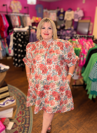 Umgee Floral Print Smocked Cuff Mini Dress, Rust