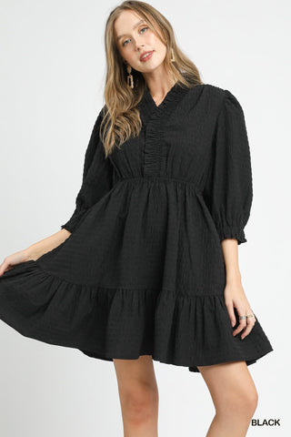 Ruffle Trim Textured Babydoll Dress- black