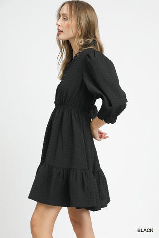 Ruffle Trim Textured Babydoll Dress- black