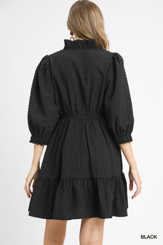Ruffle Trim Textured Babydoll Dress- black