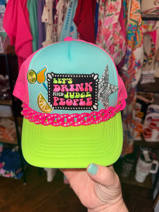 Let's Drink & Judge People Neon Hat with Bling Chain