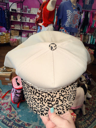 Embroidered Tan Hat with Leopard Brim