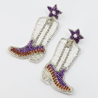 Treasure Jewels Game Day Beaded Boot Earrings, Purple/Silver
