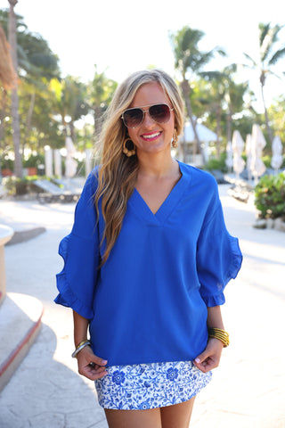 Jess Lea Amy Royal Blue Ruffle Sleeve V-Neck Top