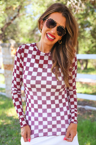 PREORDER- Alyssa Mesh Top- Maroon Checkered