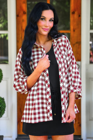 PREORDER- Sloane Button Up Top- Burgundy Gingham