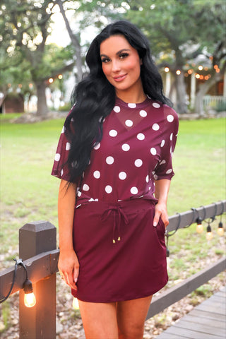 PREORDER- Emma Mesh Tee- Burgundy Polka Dot