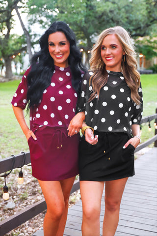 PREORDER- Emma Mesh Tee- Burgundy Polka Dot