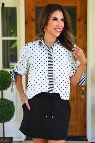 PREORDER- Cassidy Tie Sleeve Top- White Polka Dot/Stripes
