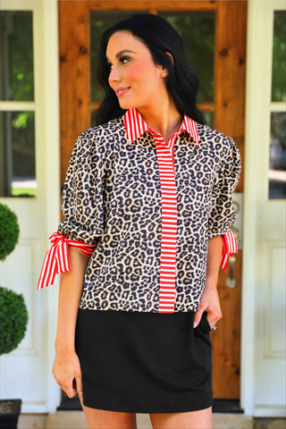 PREORDER- Cassidy Tie Sleeve Top- Leopard/Red Stripes