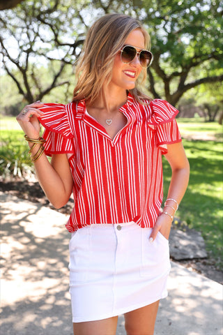 PREORDER- Layla Striped Flutter Sleeve Blouse- Red