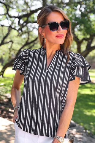 PREORDER- Layla Striped Flutter Sleeve Blouse- Black