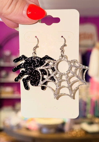 Spider & Web Acrylic Earrings, Black and Silver Glitter
