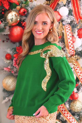 PREORDER- Sequin Bow Knit Sweater- Green/Gold