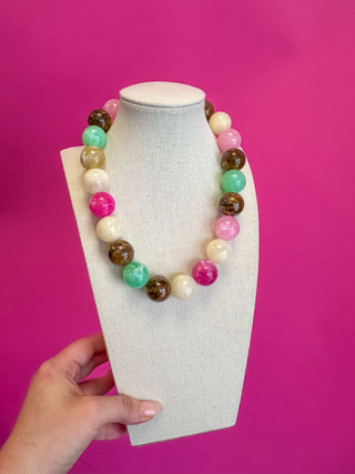 Statement Bead Necklace - Multi/Pink and Brown