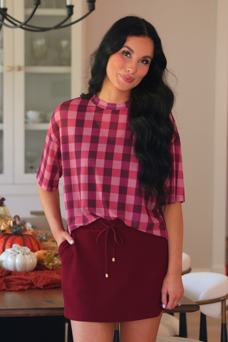 PREORDER- Emma Mesh Tee- Cranberry Gingham
