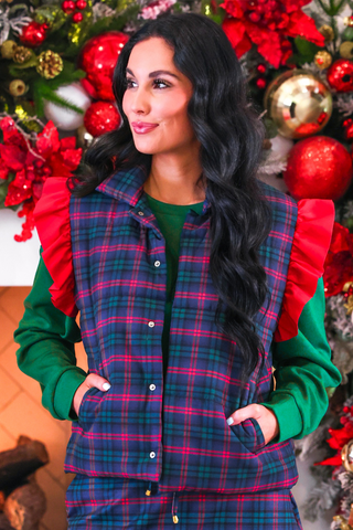 PREORDER- Navy Christmas Plaid Puffer Vest
