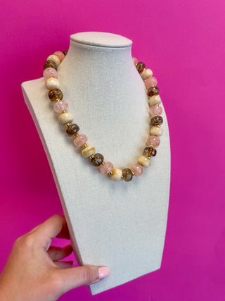 Statement Necklace - Mix Bead - Brown and Pink