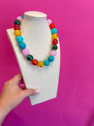 Statement Bead Necklace - Multi - Turquoise, Pink, Brown, Yellow