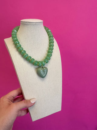 Statement Beaded Heart Necklace - Green
