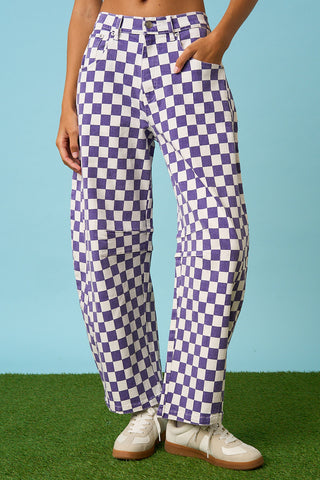 Game Day Checkered Elastic Waist Barrel Pants