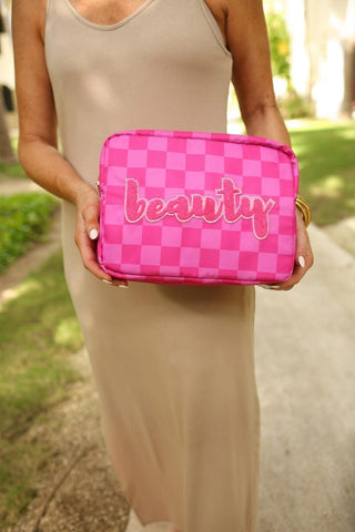 Vibrant Travel Makeup Bag- Beauty pink checkered