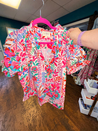 Umgee Botanical Print Flutter Sleeve Blouse