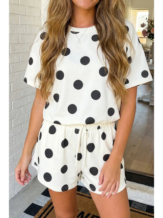 Polka Dot Print Loose Tee & Drawstring Shorts Set