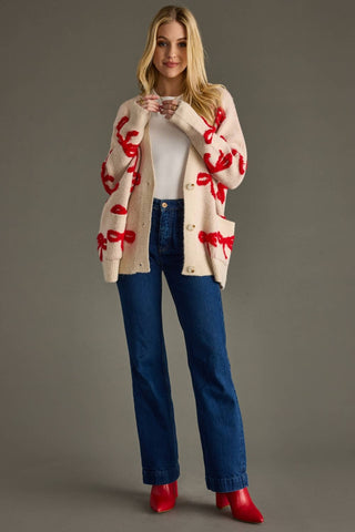Tan & Red Bow Cardigan