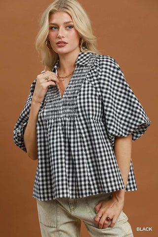 Umgee Gingham Smocked Yoke Blouse, Black