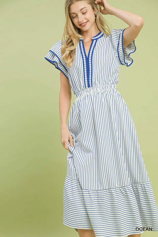 Umgee Striped Flutter Sleeve Midi Dress, Ocean Blue