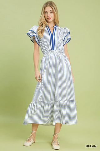Umgee Striped Flutter Sleeve Midi Dress, Ocean Blue