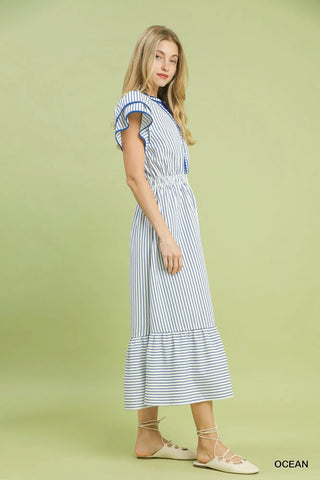 Umgee Striped Flutter Sleeve Midi Dress, Ocean Blue