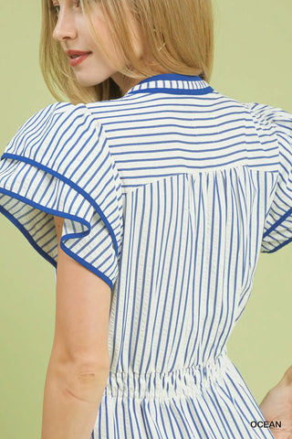 Umgee Striped Flutter Sleeve Midi Dress, Ocean Blue