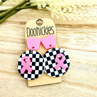 Pink Out Checkered Lil' Piggyback Earrings - Breast Cancer Awareness Earrings