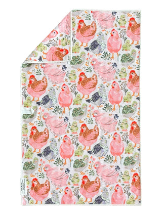 Coop Cuties: Crae Double-Sided Hand Towel, Pink Chicken Print