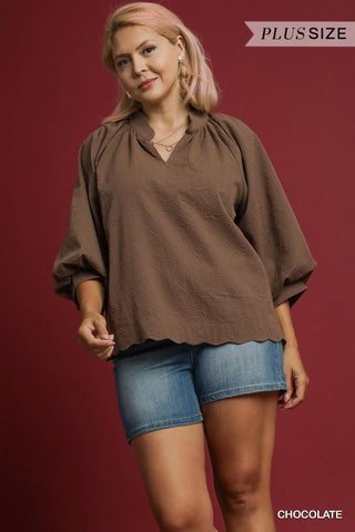 Umgee Chocolate Scallop Hem Blouse
