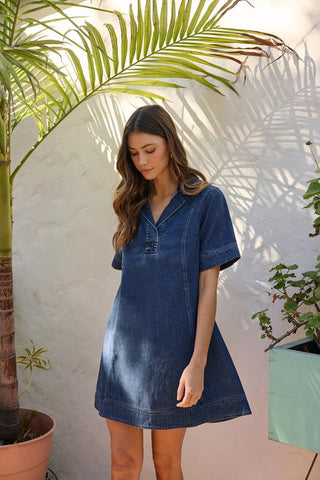 Lyocell Denim Mini Shirt Dress, Medium wash