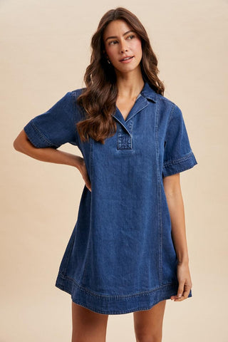 Purple Lyocell denim mini shirt dress with a V-neck and short sleeves worn by a model.