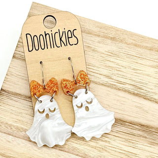 Glittery Bow Ghost Dangle Collection - Halloween Earrings: Pink