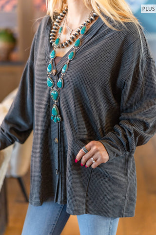 PLUS SIZE Two-Tone Charm Cardigan: Wine