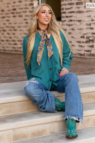 PLUS SIZE Two-Tone Charm Cardigan: Jewel Green