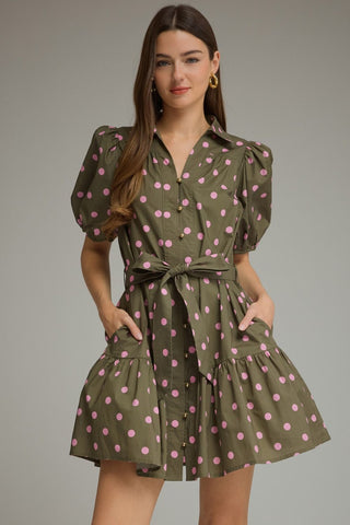 Entro Polka Dot Mini Dress- Olive & pink