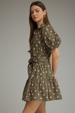 Entro Polka Dot Mini Dress- Olive & pink