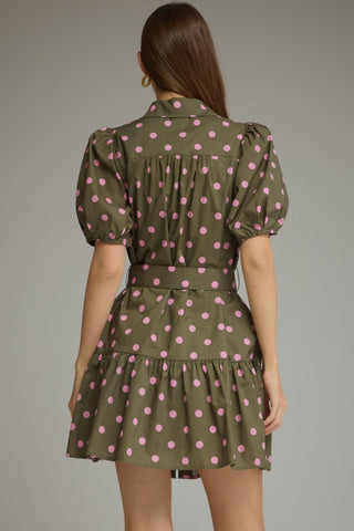 Entro Polka Dot Mini Dress- Olive & pink