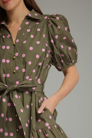 Entro Polka Dot Mini Dress- Olive & pink
