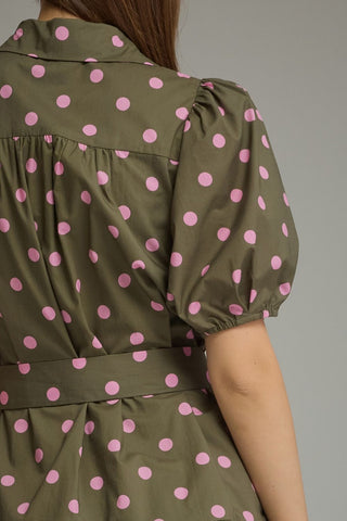 Entro Polka Dot Mini Dress- Olive & pink
